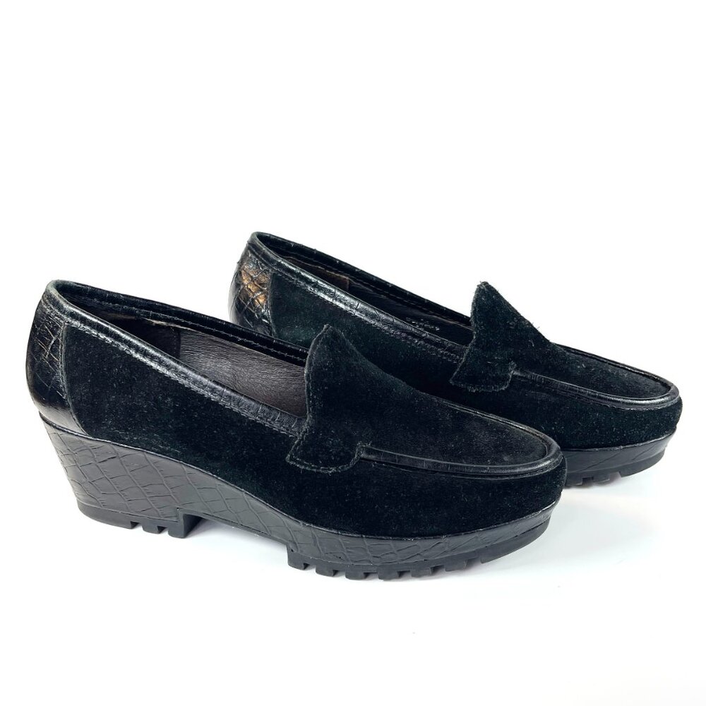 Donald J Pliner Women Black Suede/Crocodile Loafer Wedge Heel Size 6M